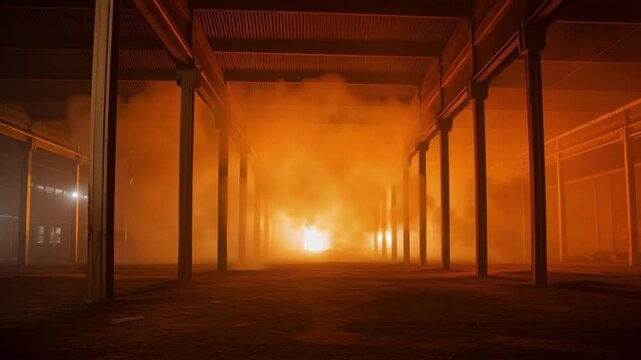 Industrial warehouse fire interior burning smoke disaster scene, factory building engulfed in flames with glowing orange light and dense haze, emergency crisis situation inside large storage structure