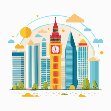 Vibrant flat design illustration of a bustling European capital city and its famous architectural clock tower and modern skyline