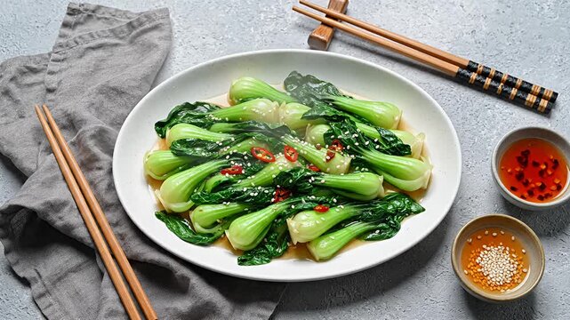 Cooked bok choy with sesame seeds and chili on plate