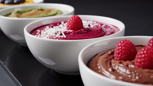 Vibrant and healthy dessert bowls with various toppings arranged in a row