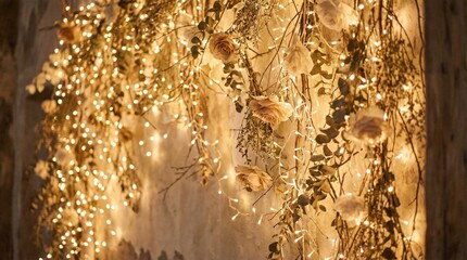 Obraz premium Warm glowing crystal ball LED string lights on soft fabric background