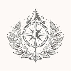 Ornate compass rose illustration embraced by a botanical wreath, symbolizing guidance, exploration, and the journey