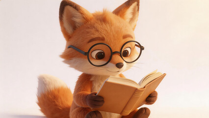 Obraz premium A cute cartoon red fox wearing glasses reads an open book, symbolizing learning, literacy, and intellectual curiosity in a whimsical, educational scene.