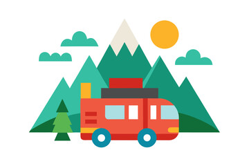 Naklejka premium A colorful vector graphic of a red camper van in front of a mountain range with trees and a sun