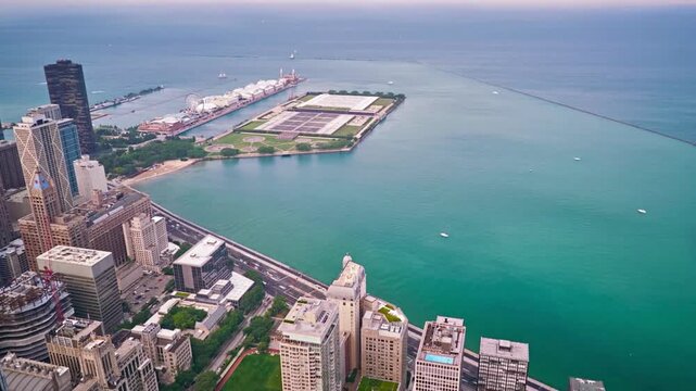 Aerial view of Chicago skyline, Navy Pier, and Lake Michigan. 