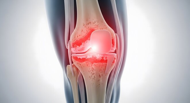 Knee joint inflammation and arthritis symptoms. Orthopedic medical illustration and bone health. Close up of a human knee joint with red painful area and patella detail