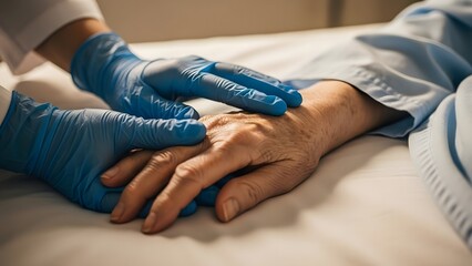 Fototapeta premium Geriatric care and emotional support. Nursing home healthcare and hospice service. Professional doctor wearing blue gloves holding the hand of an elderly patient