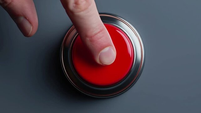 Finger pressing red emergency button close up control switch action concept, human hand activating alert alarm push button device, danger warning safety trigger system interface, industrial control pa