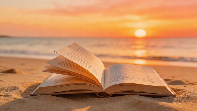 An open book rests on sandy beach at sunset, with ocean waves and golden light in the background, evoking leisure and nature connection.