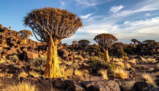 Quiver trees dot a desert landscape under a bright sky with wispy clouds. Warm light paints the scene