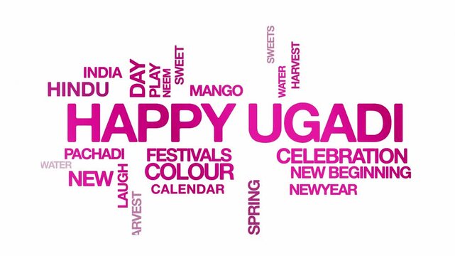 Happy ugadi concept Animated Tag Word Cloud kinetic typography, Text Design Animation typography seamless loop video motion graphics Intro Wordart festive pink type on white background bg backdrop 
