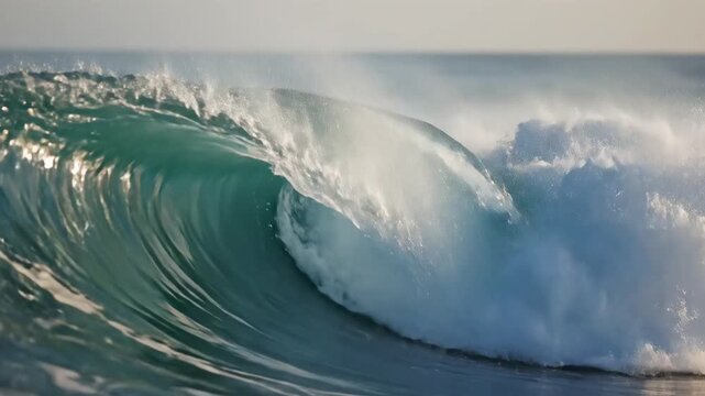 Powerful Ocean Wave Crashing with Spray in Sunlight.