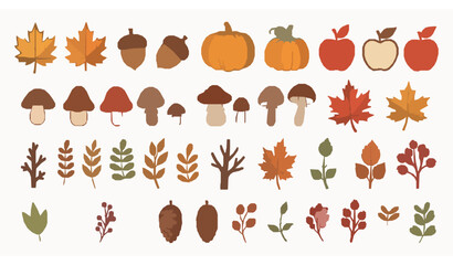 Cute autumn objects collection with leaves pumpkins acorns and mushrooms hand drawn cartoon vector set © abdul