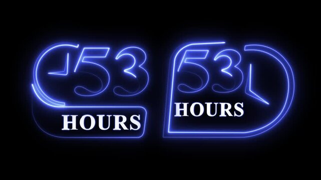 Abstract glowing neon 53 hours service icon 4k animation with dark background.Futuristic glowing hours icon with smooth animated.