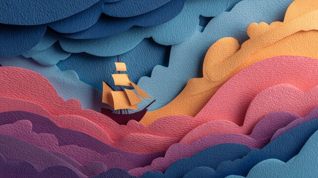 Stylized Sailing Ship in Colorful Paper Waves