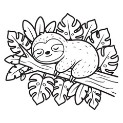 Fototapeta premium Cute Sloth Coloring Page Hanging on Tree Branch for Kids 