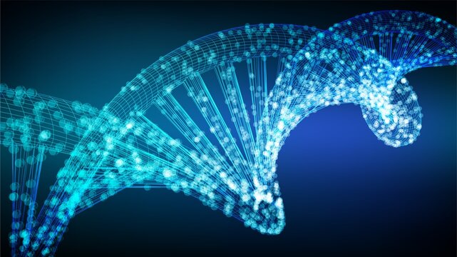 Abstract digital visualization of a glowing blue DNA double helix structure in motion with particles