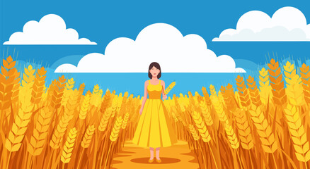Golden wheat field vector illustration with a woman in a yellow dress holding a wheat stalk © Purnomo