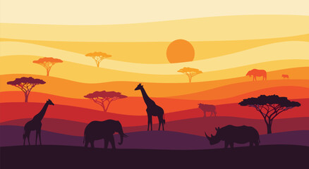 Vector illustration of African savanna landscape at sunset with silhouettes of giraffes, elephants, and rhinos © Purnomo