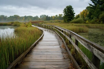 Wooden Boardwalk Winding Through Lush Wetlands Landscape