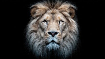 Fototapeta premium Majestic lion portrait against a stark black background, showcasing regal features