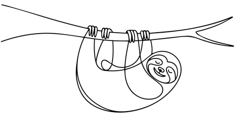 Naklejka premium One single line drawing of lovely adorable sloth sleeping at branch tree for logo identity. Cute mammal mascot concept for zoo icon.