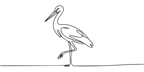 Fototapeta premium Stork flying in the sky in continuous line art drawing. Stork bird in flight black linear sketch isolated on white background. Vector illustration