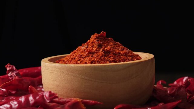 Chili powder in a wooden bowl.	