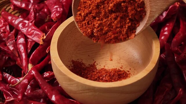 Chili powder in a wooden bowl.	