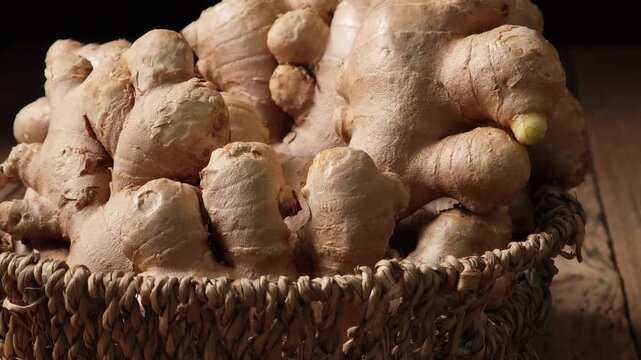 Fresh ginger in a wooden basket