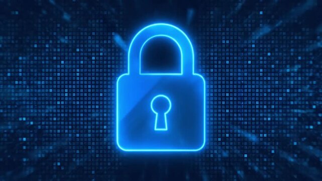 Glowing Blue Digital Padlock on Abstract Binary Background