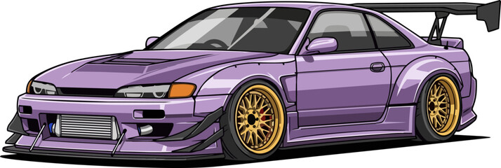A sleek purple sports car with golden rims is viewed from the side, parked in a clean environment. © Faisal