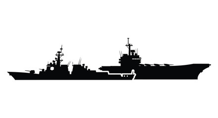 A striking black silhouette depicts a large naval warship with multiple structures and details silhouette high quality professional © MIRAJ02