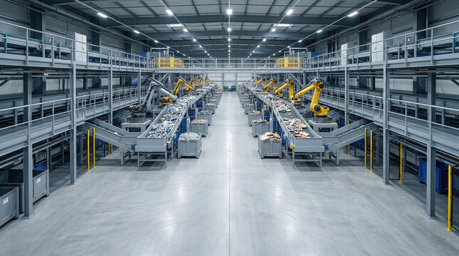 Large Scale Industrial Recycling Robotics Facility With Parallel Conveyor Sorting Systems And Automated Waste Processing Lines