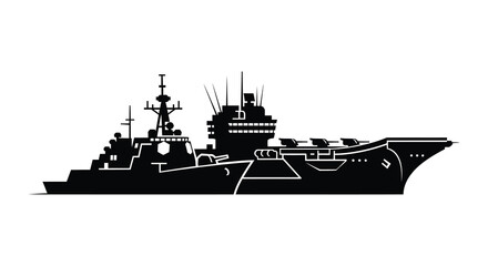 A stark black silhouette depicts a modern naval warship at sea showcasing its powerful form silhouette high quality © MIRAJ02