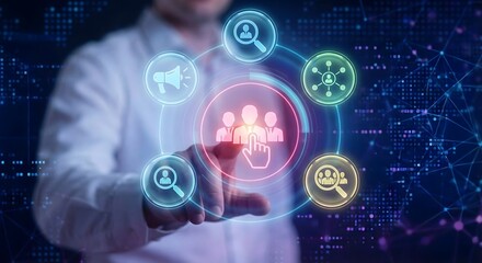 Fototapeta premium Business person touching virtual screen with glowing social media icons representing customer relationship management and digital marketing strategy in a modern business landscape