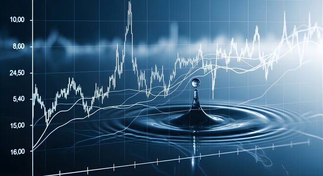 Water drop creating ripples on surface with overlay of financial graphs representing concept of liquidity investment economic stability and market analysis
