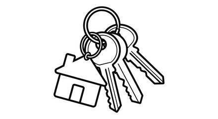 A striking black and white illustration depicts a bundle of keys including a house shaped key silhouette high quality professional detailed