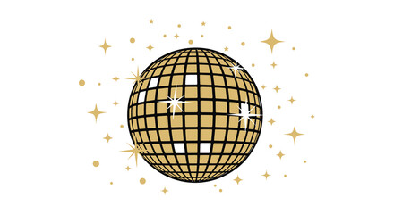 A golden disco ball sparkles against a white background surrounded by radiant starbursts silhouette high quality professional detailed