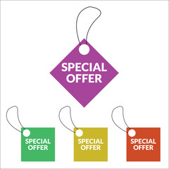 A colorful special offer tag with three smaller tags