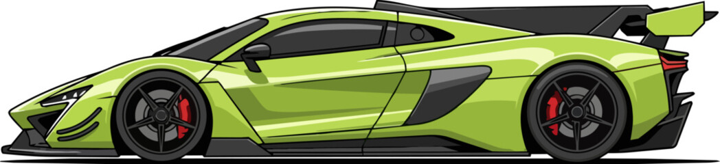 High-performance sports car speeding on a track from a side view, showcasing its sleek design and vibrant green color © Faisal