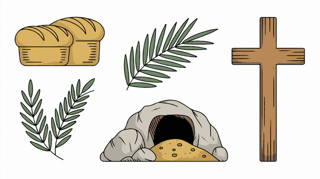 Easter symbols bread leaves tomb and cross on white background representing faith and celebration