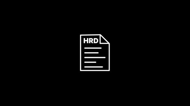 HRD file icon animation with text label isolated on dark background.Document types in flat style.