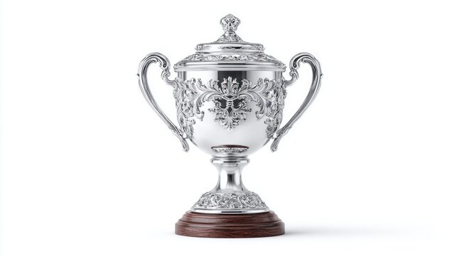 ornate silver trophy with a wooden base isolated on a white background