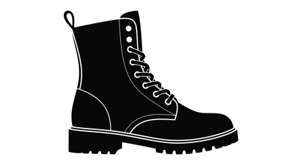 A black and white graphic depiction of a single combat boot presented as a silhouette high quality professional