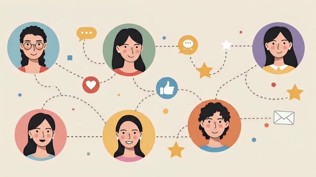 Illustration shows network of diverse women linked by icons and dashed lines on beige