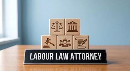 Labour law attorney sign on wooden table with cubes showing legal icons like scales gavel courthouse workers and contract representing employment justice rights and professional legal services help