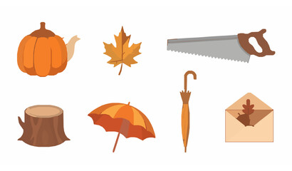 Autumn harvest objects set with gourd teapot saw stump umbrella leaves and acorn envelope vector illustration © abdul