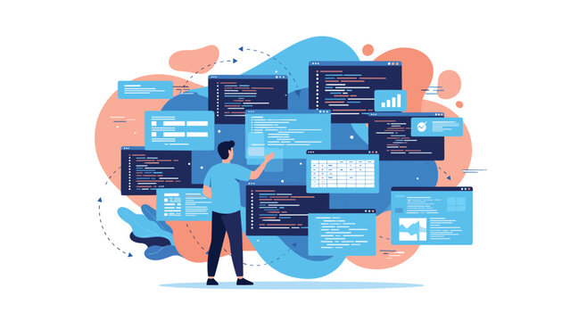 Professional software developer working in a creative digital environment with multiple abstract code screens and data interfaces.