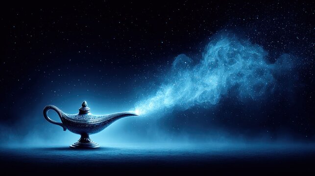 Magical genie lamp with glowing smoke against a starry night sky
